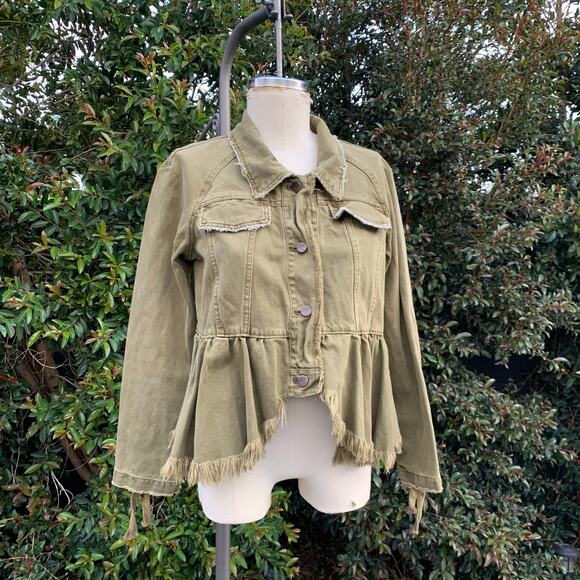 Free People Willow Cotton Denim Khaki Ruffled Jacket Women’s XS - Picture 1 of 10